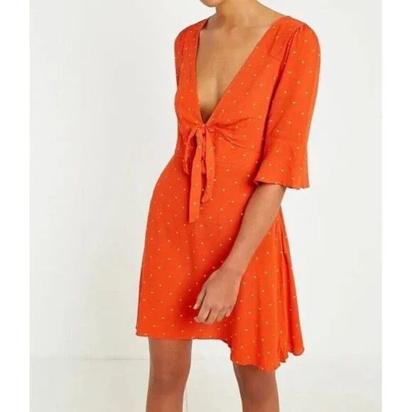 Free People All Yours Orange Polka Dot Tie V Neck Mini Dress Size 0 A Line - Picture 1 of 8